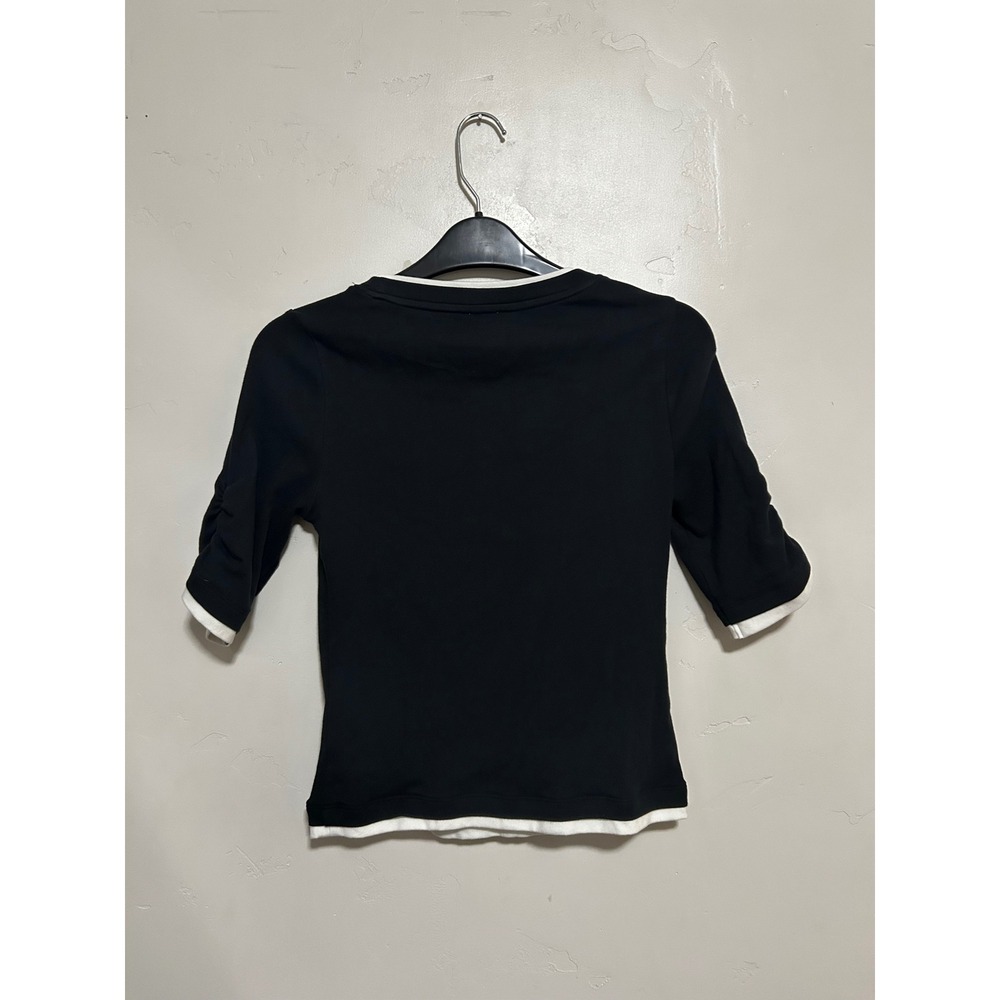Maeve Anthropologie Womens Black White Layered Ruched Elbow Sleeve Top Size S